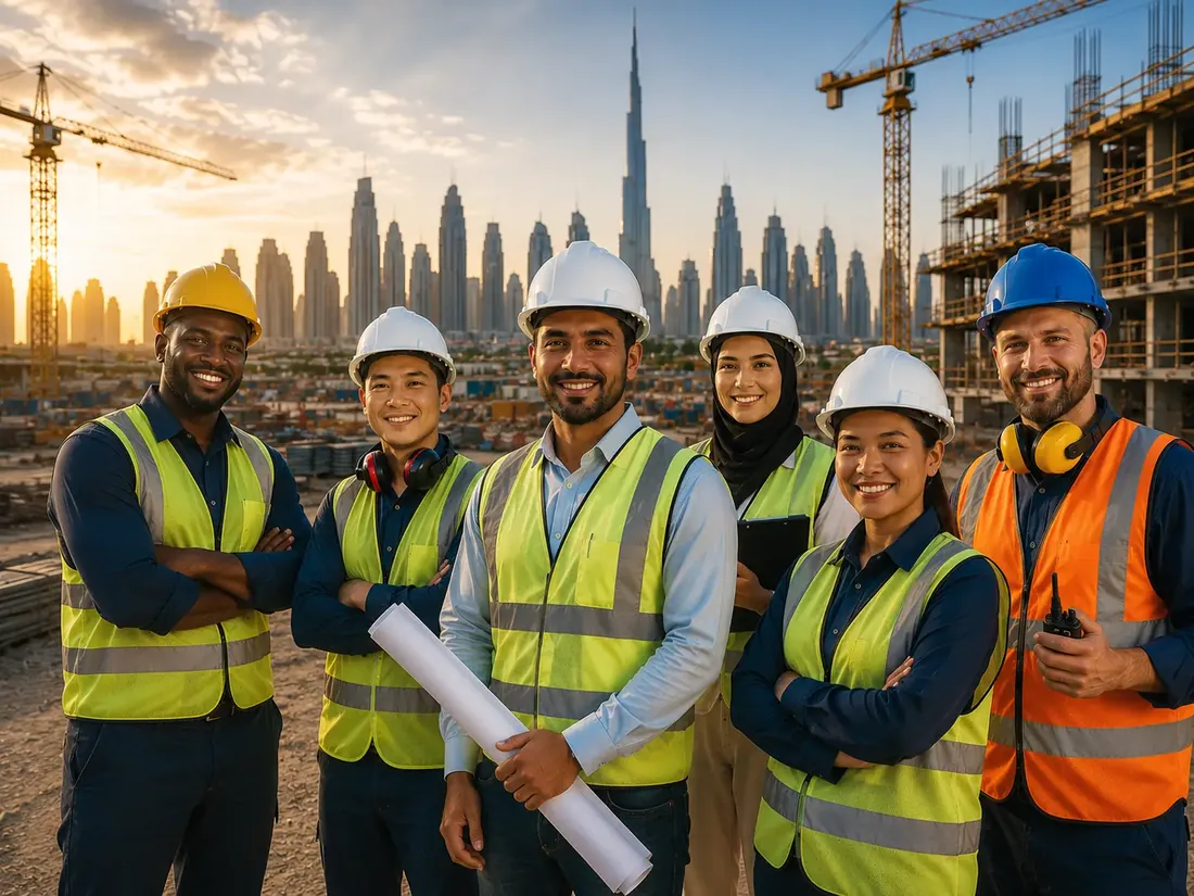 عمال بناء في موقع إنشاءات بالإمارات — عمالة توفرها آر كي لخدمات تخليص المعاملات